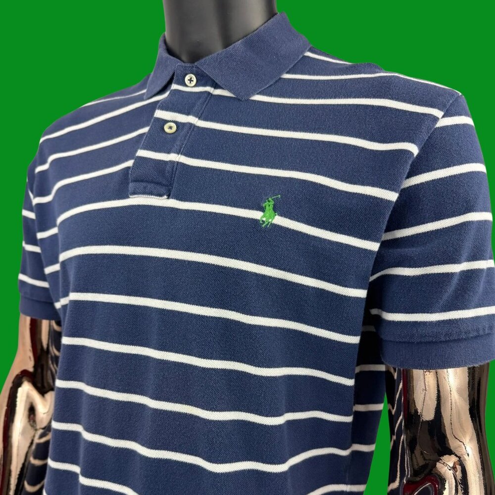 VTG Polo Ralph Lauren Navy Blue & White Striped Cotton Polo – Classic Fit